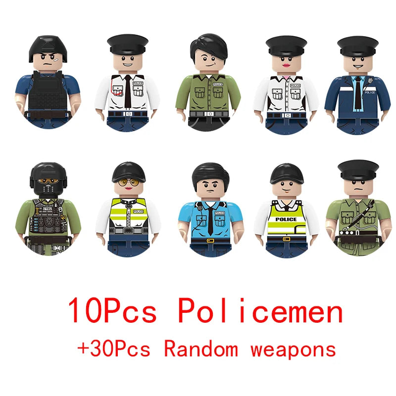 Wojskowe siły specjalne, policja SWAT, gangsterzy, broń, pistolety, moździerze, jeepy, pojazdy terenowe, opancerzone, model żołnierza, klocki budowlane