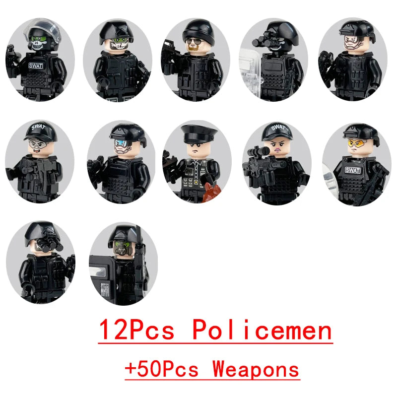 Wojskowe siły specjalne, policja SWAT, gangsterzy, broń, pistolety, moździerze, jeepy, pojazdy terenowe, opancerzone, model żołnierza, klocki budowlane