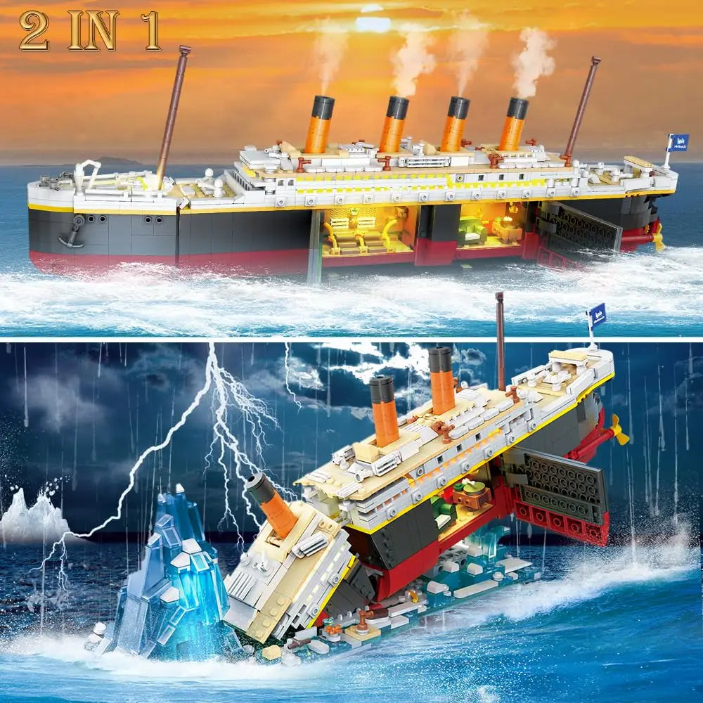 Titanic Building Set with LED-2 in 1 Titanic Ship Mini Block Ship Model with Glacier Display Stand Toy Gift for Adults Kids10+