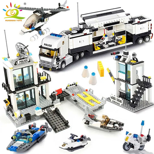 HUIQIBAO City Police Station Building Blocks Prison Truck Helicopter Boat with Policemen Construction Bricks Toys for Children