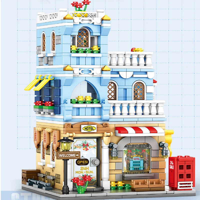 Klocki do budowania hoteli i zajazdów Klocki architektoniczne dla dziewczynek Seria miejska Zestaw miniaturowych puzzli Model dla chłopców Zabawka dla dzieci