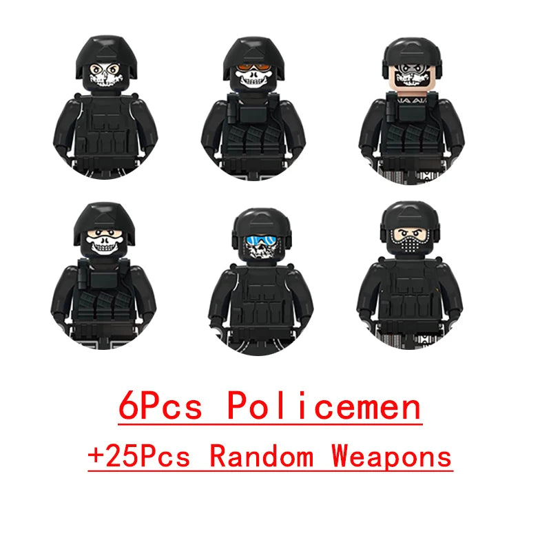 Wojskowe siły specjalne, policja SWAT, gangsterzy, broń, pistolety, moździerze, jeepy, pojazdy terenowe, opancerzone, model żołnierza, klocki budowlane