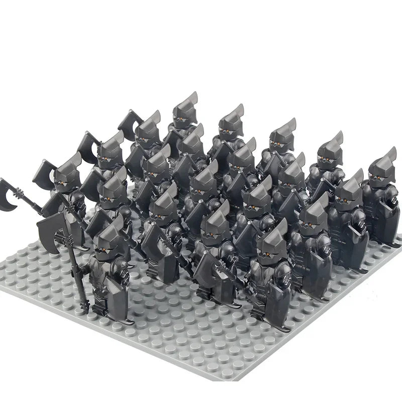 21Pcs The dwarf of the demon world Dann Iron Foot Knight vs Uruk Hai Army Solide Figrues With Shield Sword Spear Kid Blocks Toys