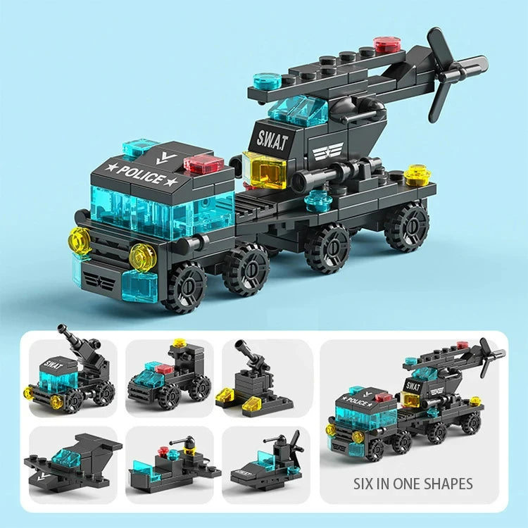 Miniaturowe klocki 6 w 1, samochód policyjny, wóz strażacki, klocki do budowy zamku, edukacyjne zabawki dla dzieci, prezenty