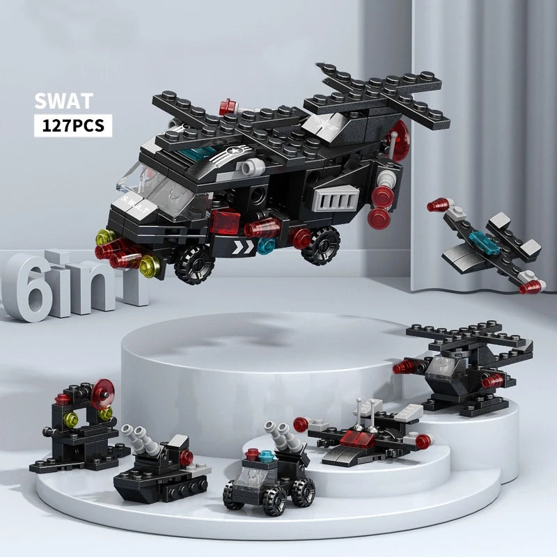 6IN1 Engineering Car Helicopter Truck Tank City Building Blocks Police Bricks Fire Fighting Brick Set Toys for Children