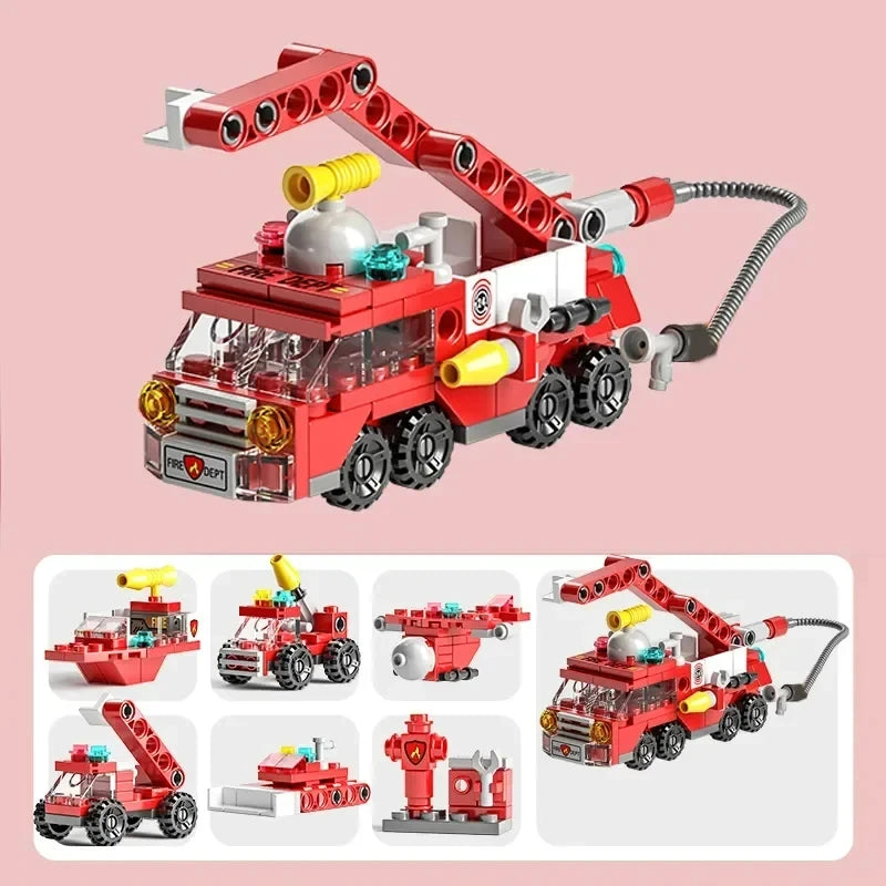 Miniaturowe klocki 6 w 1, samochód policyjny, wóz strażacki, klocki do budowy zamku, edukacyjne zabawki dla dzieci, prezenty