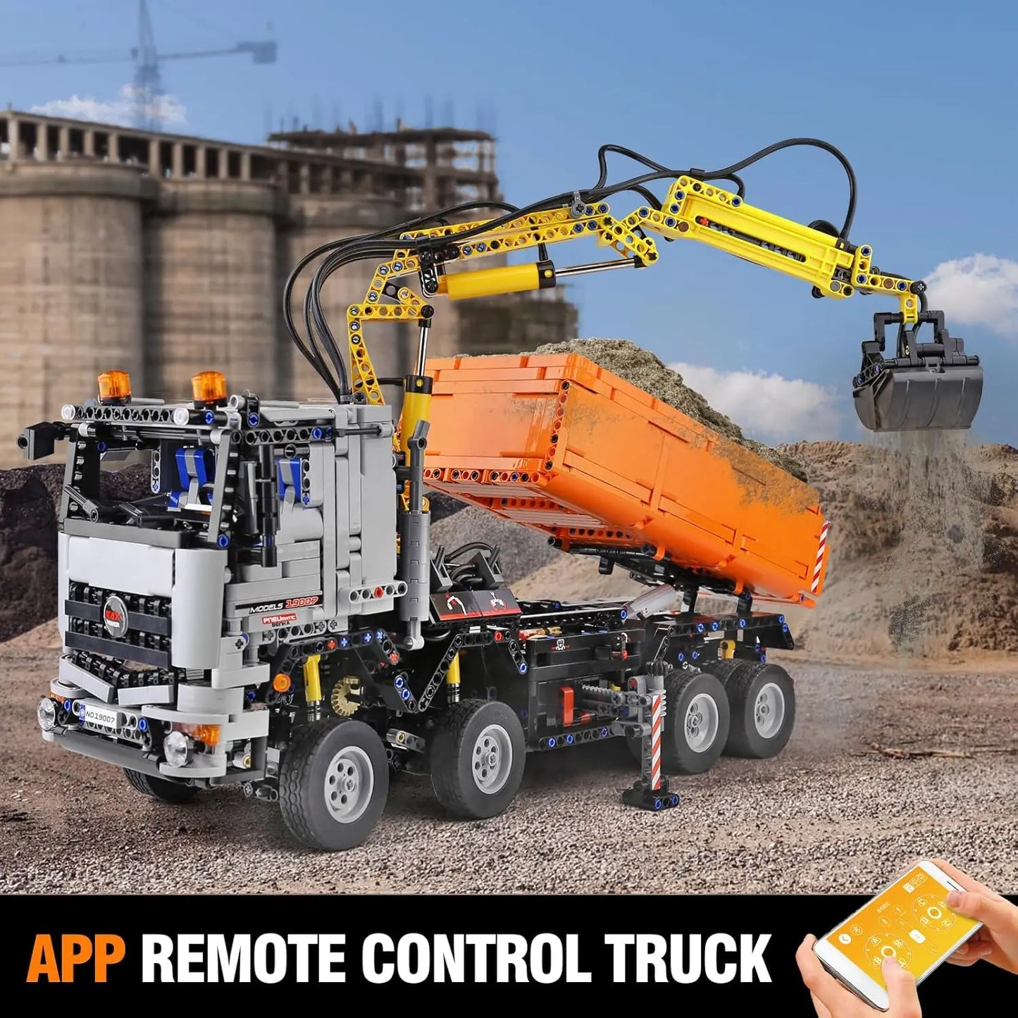 MOULD KING 19007 Technical 2-in-1 Remote Controlled Excavator & Dump Truck Pneumatic Building Blocks Toy Set Birthday Gift