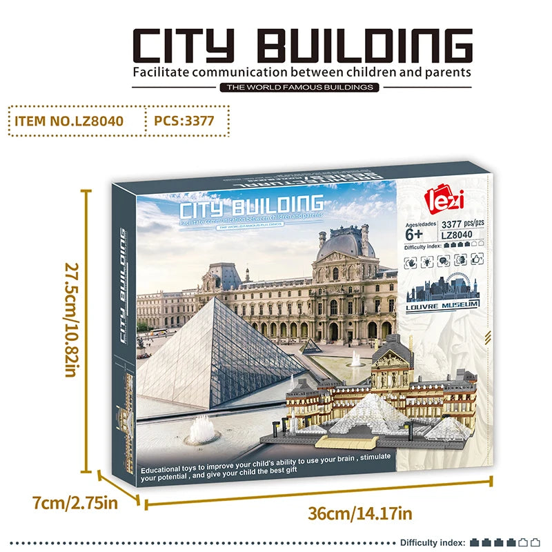 3377 szt. Klocki konstrukcyjne Luwr, światowej sławy atrakcje, klocki architektoniczne, dekoracja stołu, zabawki dla dzieci, prezenty