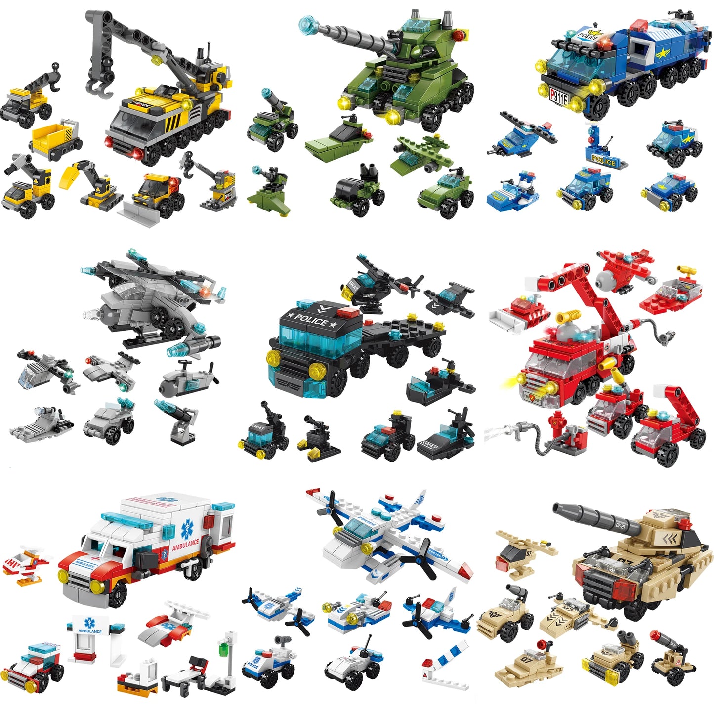 Miniaturowe klocki 6 w 1, samochód policyjny, wóz strażacki, klocki do budowy zamku, edukacyjne zabawki dla dzieci, prezenty
