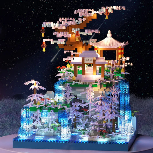 Flowers Tree House Mini Building Blocks Set for Adults Chinese Architecture Model Bonsai Toys with String Lights Home Decoration
