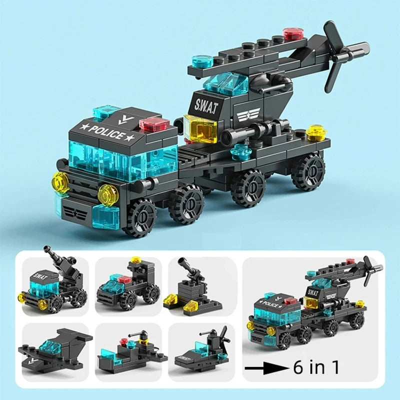 Miniaturowe klocki 6 w 1, samochód policyjny, wóz strażacki, klocki do budowy zamku, edukacyjne zabawki dla dzieci, prezenty