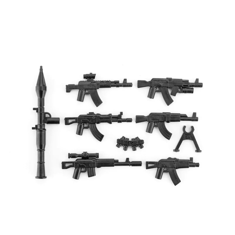 Wojskowe siły specjalne, policja SWAT, gangsterzy, broń, pistolety, moździerze, jeepy, pojazdy terenowe, opancerzone, model żołnierza, klocki budowlane