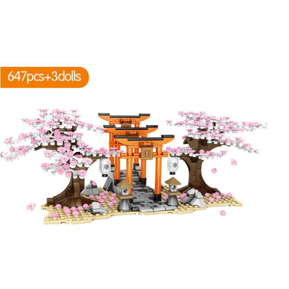 Japan Sakura Street View Building Block Japanese Cherry Scenery Senbon Torii Model City Streetscape Brick Toys With Led Light