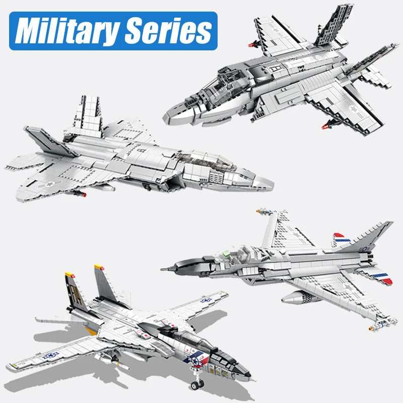 MOC Military Series Jump Jets F14 F16 F18 F22 F35 Aircraft Building Blocks War Fighter Model Bricks Toys For Childrens Boy Gifts
