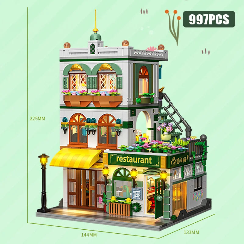 Kreatywny zestaw 997 klocków Street View Chińska restauracja, miasto, trzy piętra, architektura, mini klocki, zabawki na prezent dla dziecka