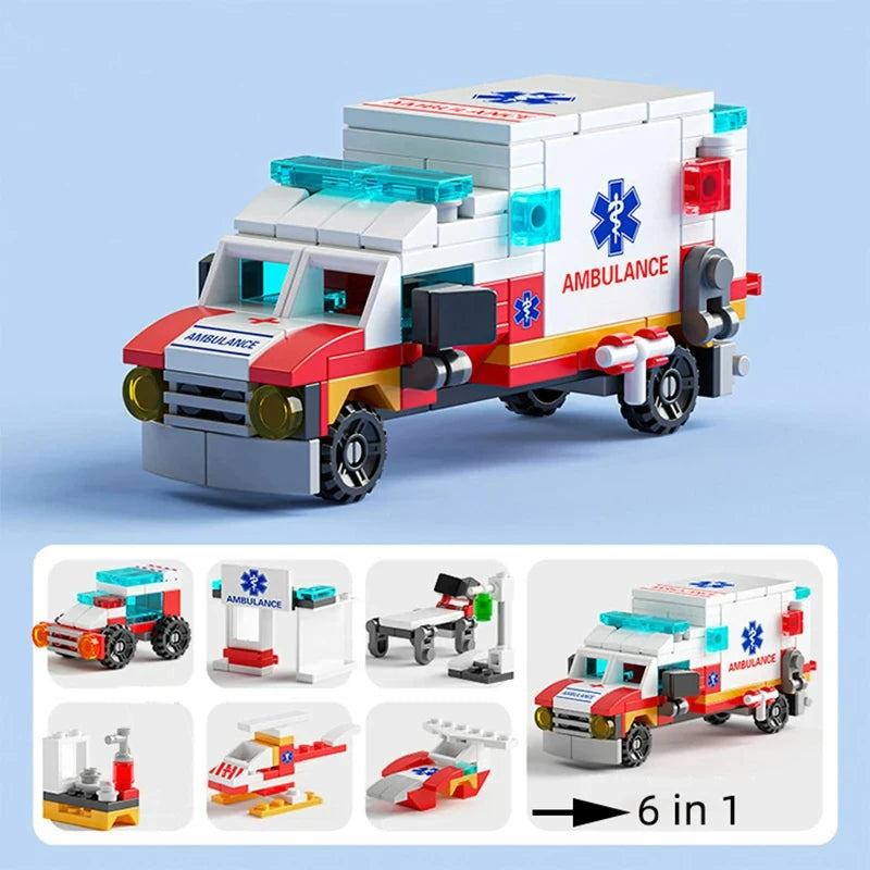 Miniaturowe klocki 6 w 1, samochód policyjny, wóz strażacki, klocki do budowy zamku, edukacyjne zabawki dla dzieci, prezenty