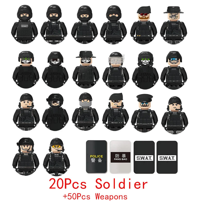 Wojskowe siły specjalne, policja SWAT, gangsterzy, broń, pistolety, moździerze, jeepy, pojazdy terenowe, opancerzone, model żołnierza, klocki budowlane