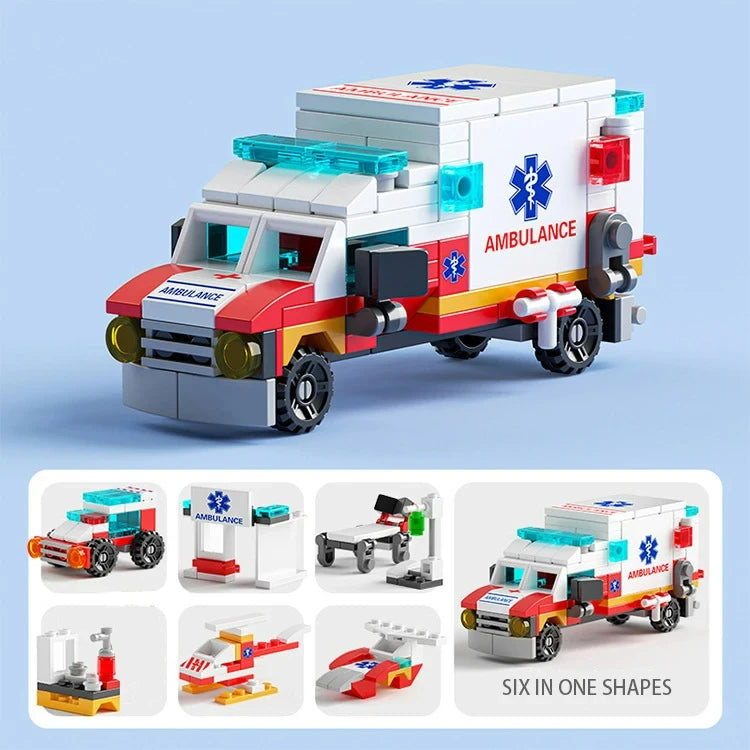 Miniaturowe klocki 6 w 1, samochód policyjny, wóz strażacki, klocki do budowy zamku, edukacyjne zabawki dla dzieci, prezenty