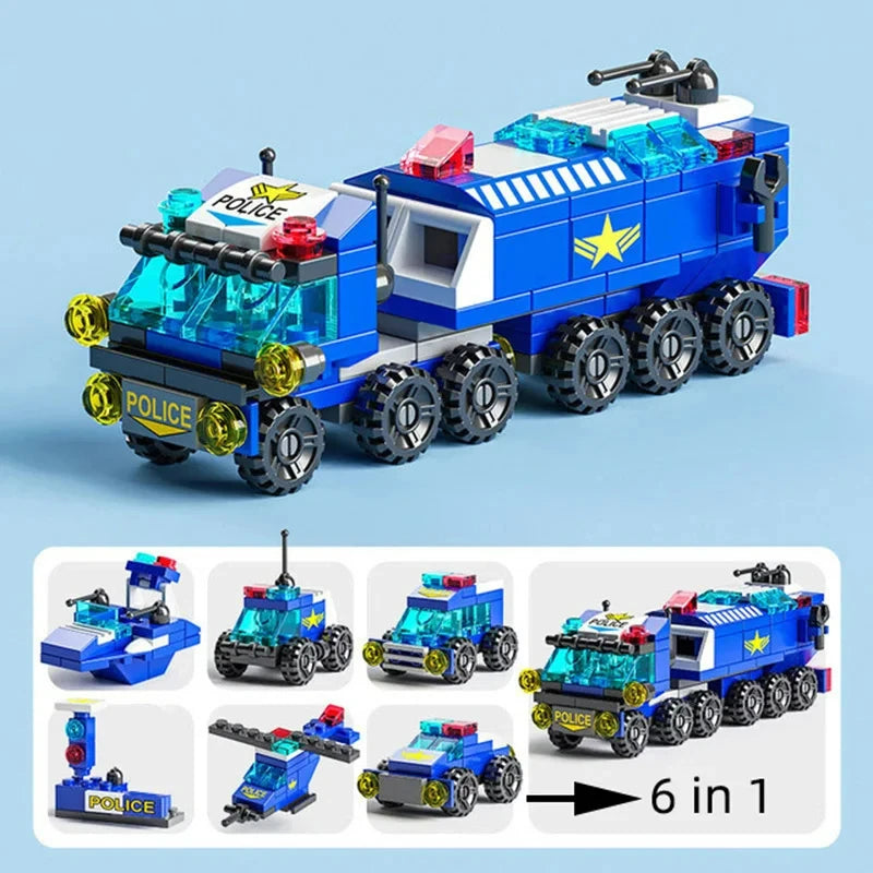 Miniaturowe klocki 6 w 1, samochód policyjny, wóz strażacki, klocki do budowy zamku, edukacyjne zabawki dla dzieci, prezenty