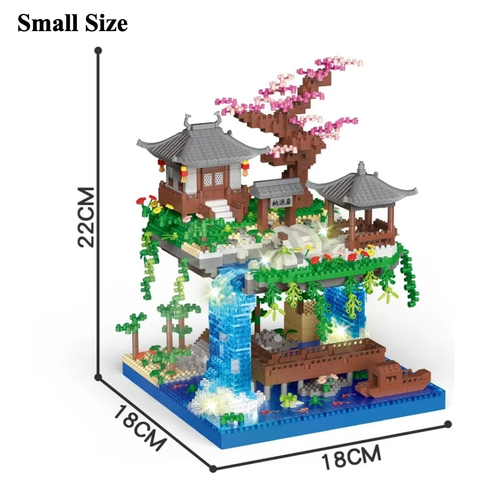 3320 szt. Domek na drzewie, miniaturowy diamentowy blok, brzoskwiniowy kwiat, tradycyjny basen z oświetleniem, chińskie klocki architektoniczne