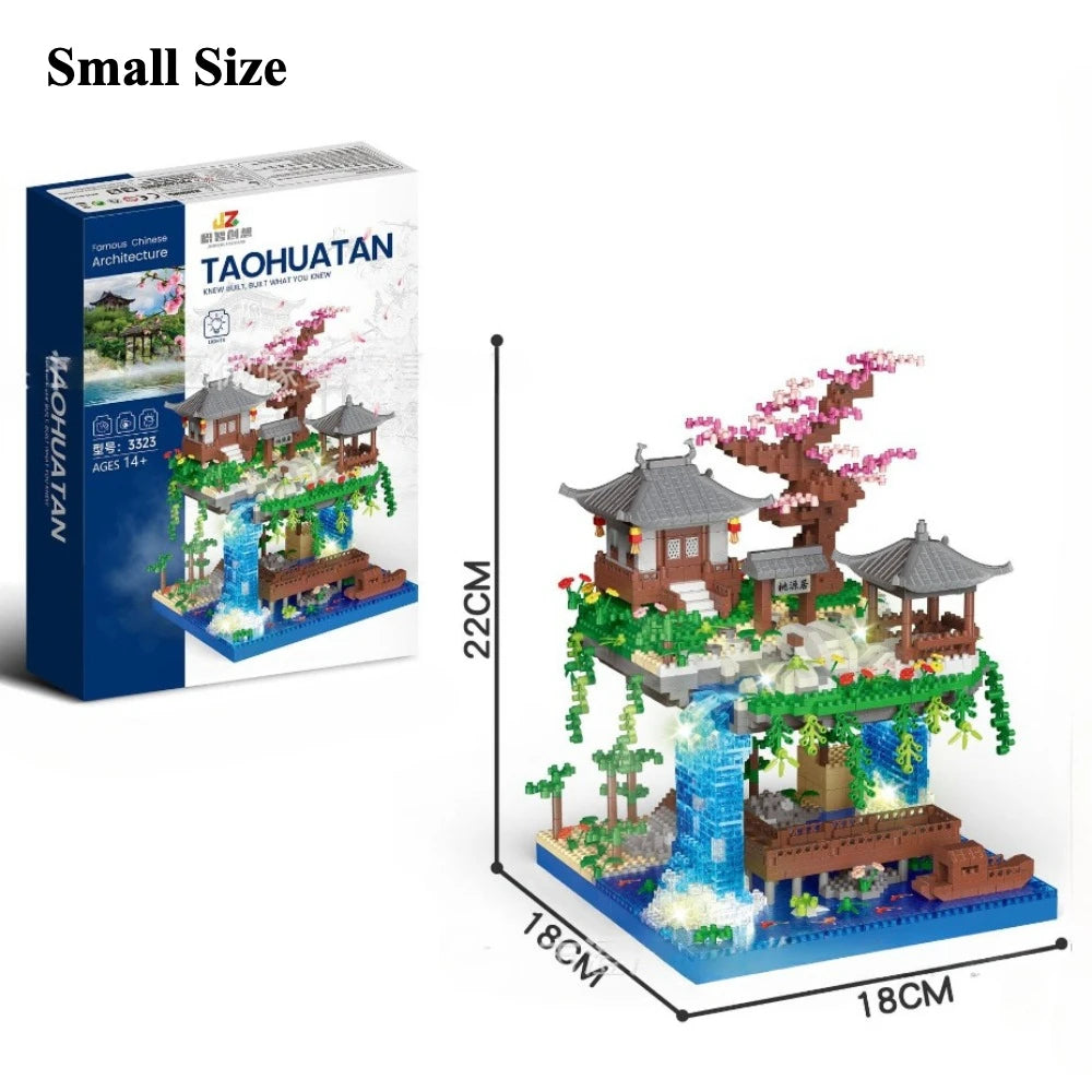 3320 szt. Domek na drzewie, miniaturowy diamentowy blok, brzoskwiniowy kwiat, tradycyjny basen z oświetleniem, chińskie klocki architektoniczne