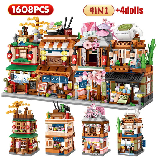 Miniaturowy Dom z Widokiem na Ulicę Miasta, Klocki Budowlane 4 w 1, Japońska Architektura, Przyjaciele, Figurki, Klocki, Zabawki Dla Dzieci