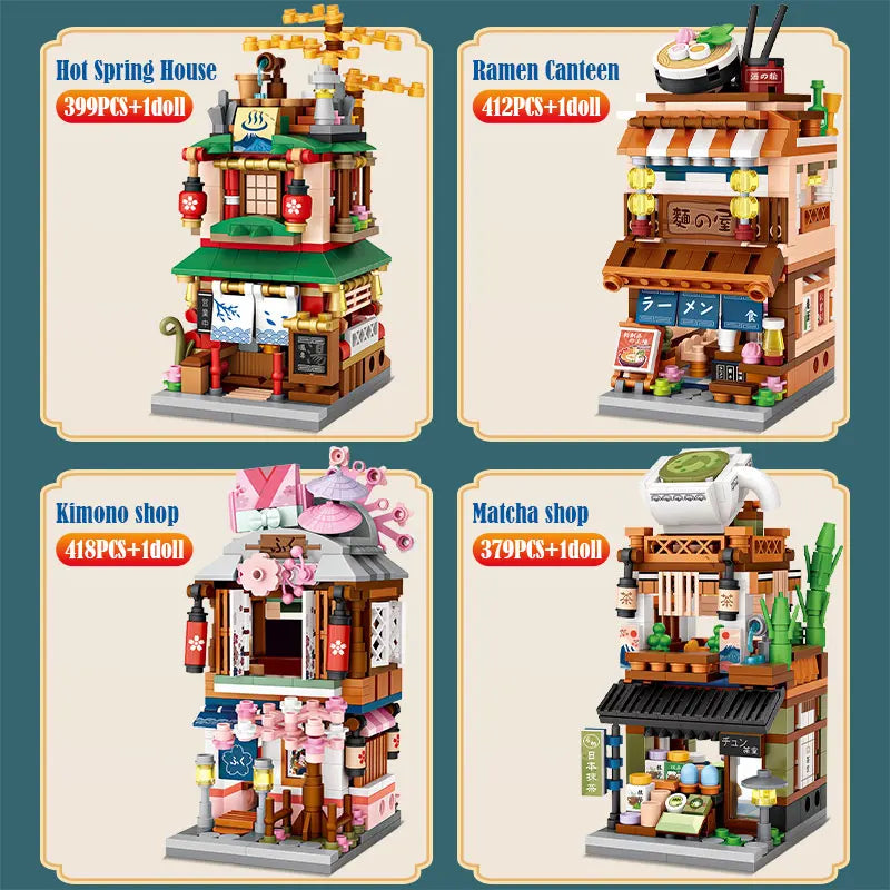 Miniaturowy Dom z Widokiem na Ulicę Miasta, Klocki Budowlane 4 w 1, Japońska Architektura, Przyjaciele, Figurki, Klocki, Zabawki Dla Dzieci