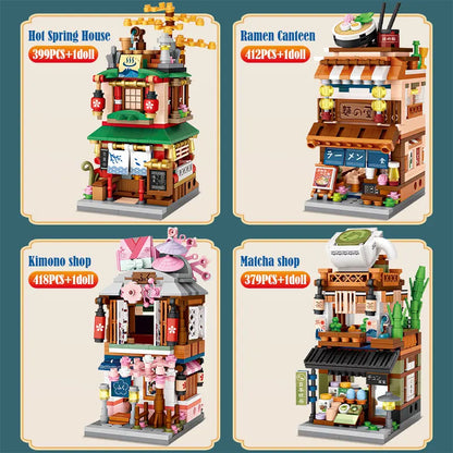 Miniaturowy Dom z Widokiem na Ulicę Miasta, Klocki Budowlane 4 w 1, Japońska Architektura, Przyjaciele, Figurki, Klocki, Zabawki Dla Dzieci