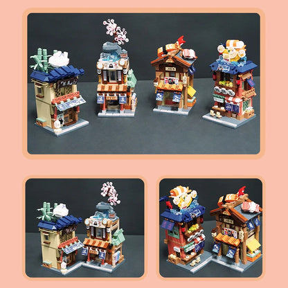 Mini City Street View Noodle Shop Building Blocks 4 in 1 Japanese Architecture Hot Spring House Toy Bricks Friends Children Gift