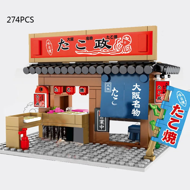 Japan City Street View Build Block Japanese Distillery Crab Meat Barbecue Pancake Shop Teahouse Octopus Ball Store Bricks Toy