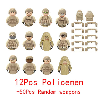 Wojskowe siły specjalne, policja SWAT, gangsterzy, broń, pistolety, moździerze, jeepy, pojazdy terenowe, opancerzone, model żołnierza, klocki budowlane