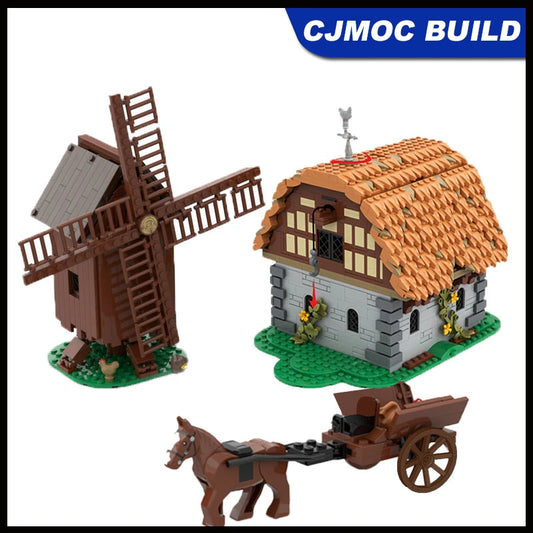 1723pcs MOC Mill Village Raid Architecture Bricks Model Medieval Village House Windmill Building Block Assembly Toys MOC-186596