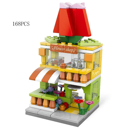 Zestawy 2025 Mini Shop Market Street View Model Building Blocks Hamburger Restaurant Retail Store Kreatywna architektura Przyjaciel