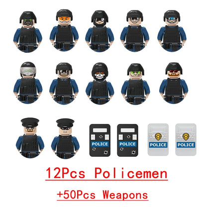 Wojskowe siły specjalne, policja SWAT, gangsterzy, broń, pistolety, moździerze, jeepy, pojazdy terenowe, opancerzone, model żołnierza, klocki budowlane