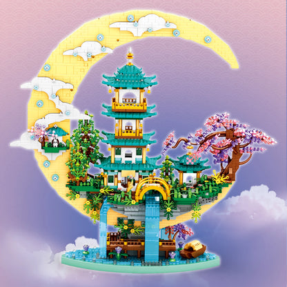 Ancient Pavilion Temple Tower Lake Garden Gate Led Light Model Mini Diamond Blocks Bricks Building Chinese Style Home Decor Gift
