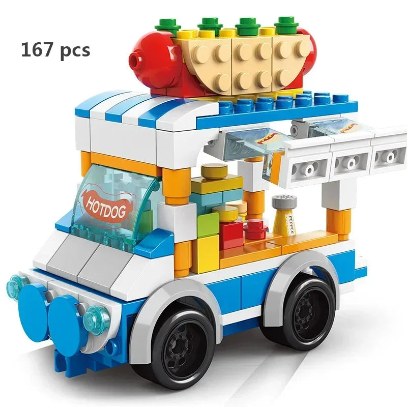 Zestawy 2025 Mini Shop Market Street View Model Building Blocks Hamburger Restaurant Retail Store Kreatywna architektura Przyjaciel