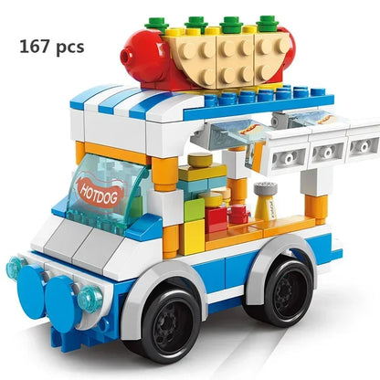 Zestawy 2025 Mini Shop Market Street View Model Building Blocks Hamburger Restaurant Retail Store Kreatywna architektura Przyjaciel