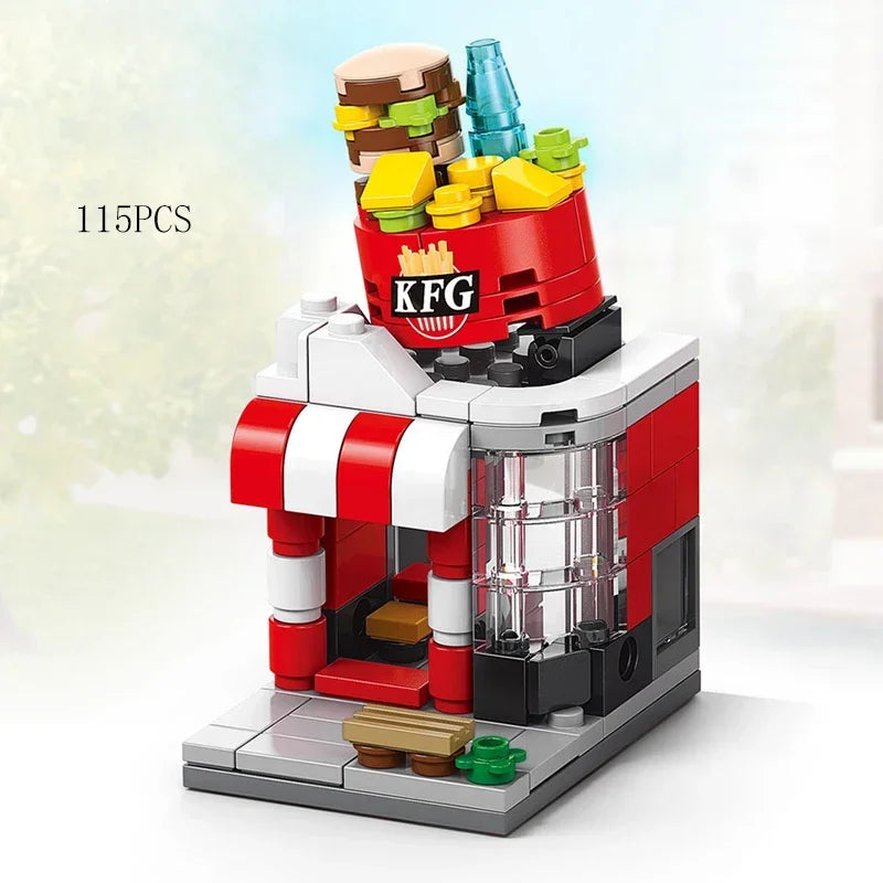 Zestawy 2025 Mini Shop Market Street View Model Building Blocks Hamburger Restaurant Retail Store Kreatywna architektura Przyjaciel