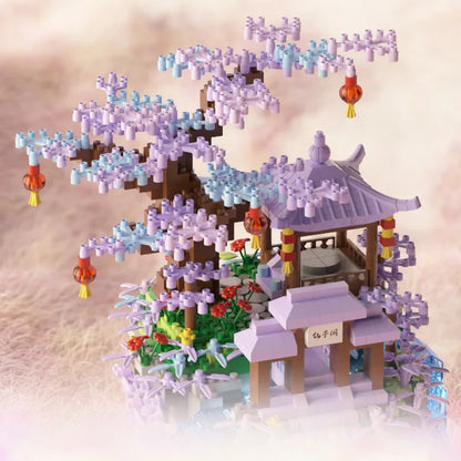 Flowers Tree House Mini Building Blocks Set for Adults Chinese Architecture Model Bonsai Toys with String Lights Home Decoration