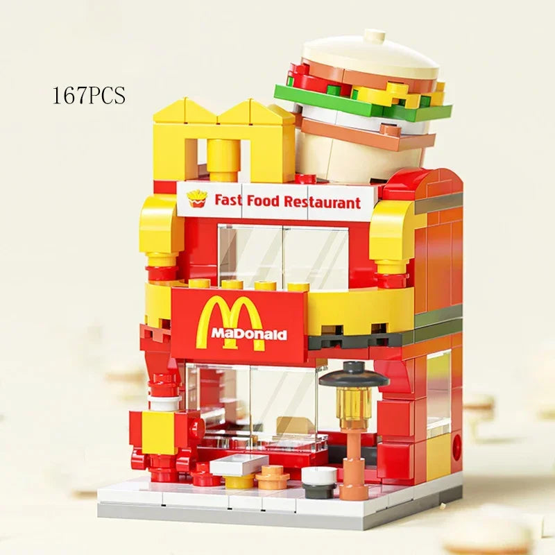 Zestawy 2025 Mini Shop Market Street View Model Building Blocks Hamburger Restaurant Retail Store Kreatywna architektura Przyjaciel