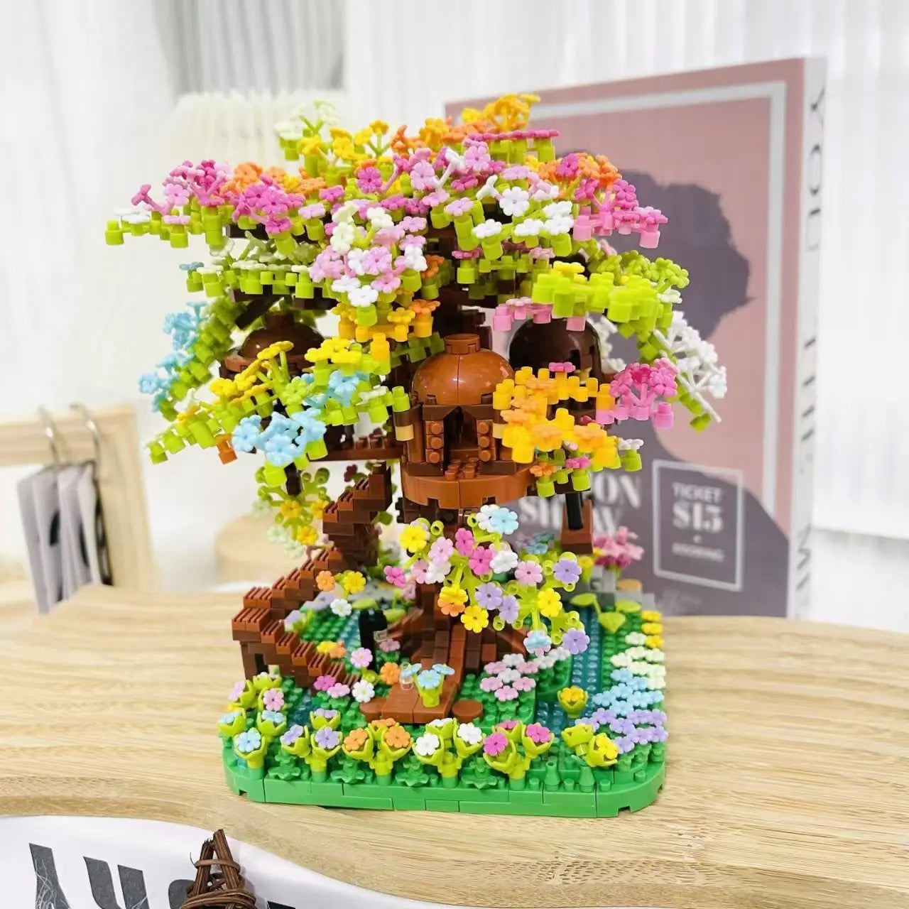 Flowers Tree House Mini Building Blocks Set for Adults Chinese Architecture Model Bonsai Toys with String Lights Home Decoration