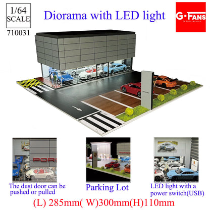 GFans NEW Model 1:64 Scale Diorama Car Garage Model With LED Lights Parking Lots City DIY Model Sets Collection Display Gifts