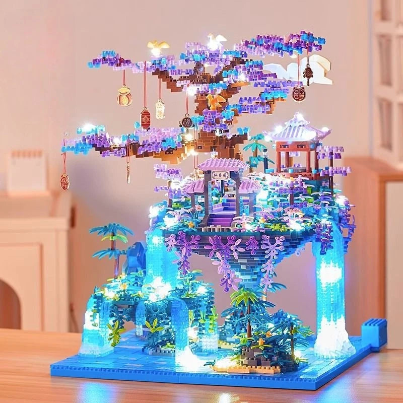 Flowers Tree House Mini Building Blocks Set for Adults Chinese Architecture Model Bonsai Toys with String Lights Home Decoration