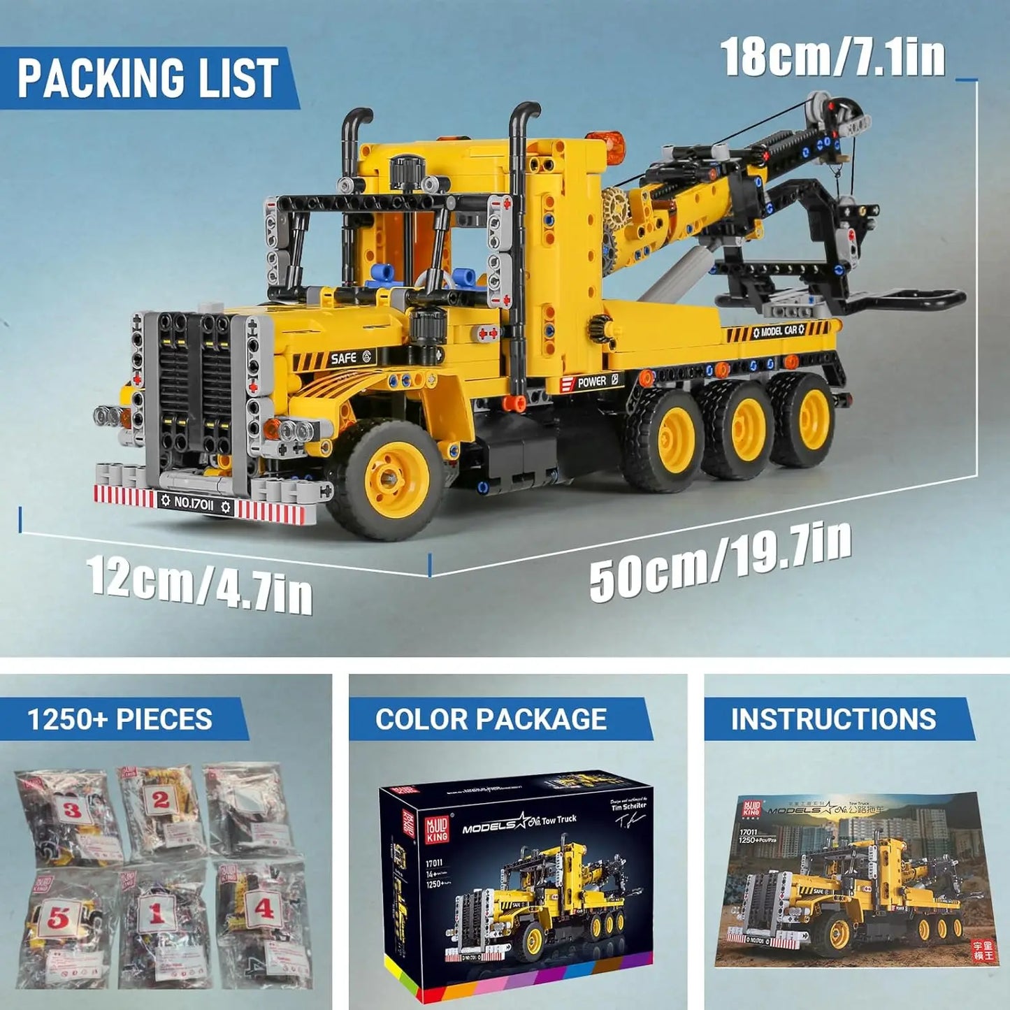 MOULD KING 17011 Technical MOC-43434 Tow Truck Building Blocks City Engeineering Trailer Crane Car Toys Christmas Gifts