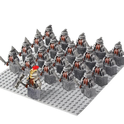 21Pcs The dwarf of the demon world Dann Iron Foot Knight vs Uruk Hai Army Solide Figrues With Shield Sword Spear Kid Blocks Toys