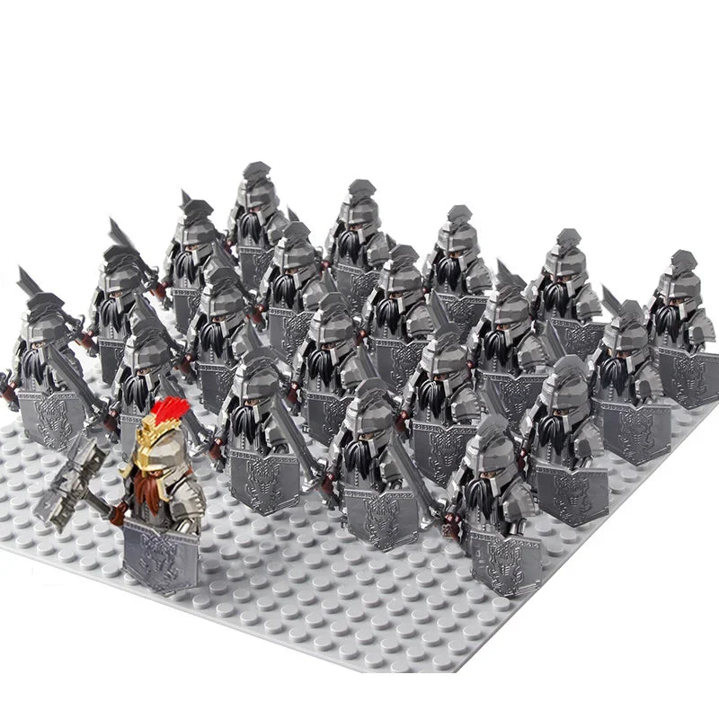 21Pcs The dwarf of the demon world Dann Iron Foot Knight vs Uruk Hai Army Solide Figrues With Shield Sword Spear Kid Blocks Toys