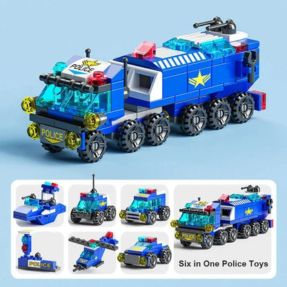 Miniaturowe klocki 6 w 1, samochód policyjny, wóz strażacki, klocki do budowy zamku, edukacyjne zabawki dla dzieci, prezenty