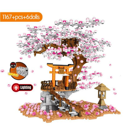 Japan Sakura Street View Building Block Japanese Cherry Scenery Senbon Torii Model City Streetscape Brick Toys With Led Light