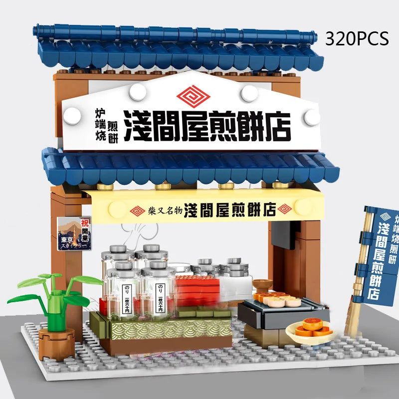 Japan City Street View Build Block Japanese Distillery Crab Meat Barbecue Pancake Shop Teahouse Octopus Ball Store Bricks Toy