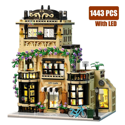 Widok na ulicę miasta, modułowa kawiarnia, retro kwiaciarnia z oświetleniem LED, zestawy klocków architektonicznych MOC, zabawki dla dzieci